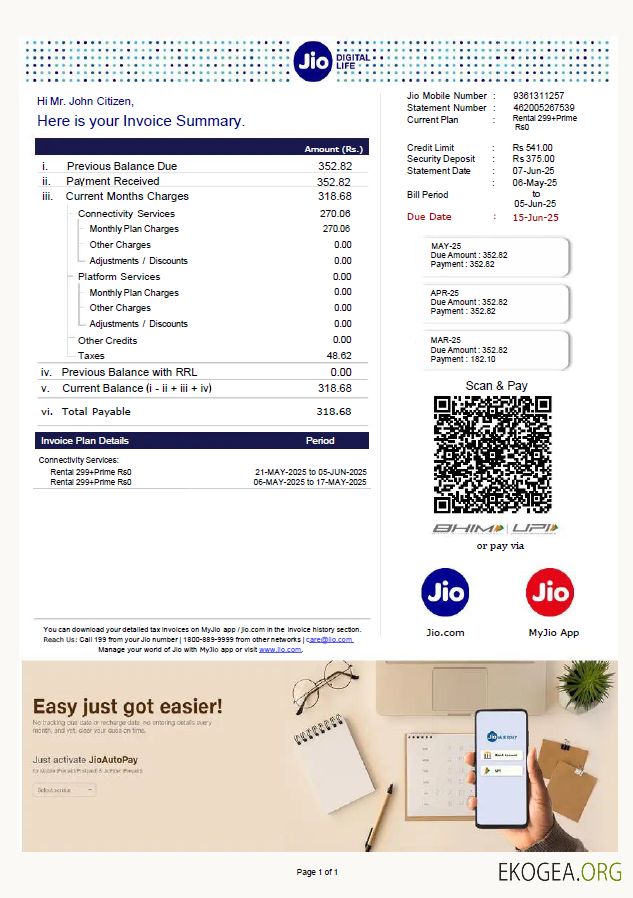 India Jio digital life utility bill template in word and pdf formats, version 2 template